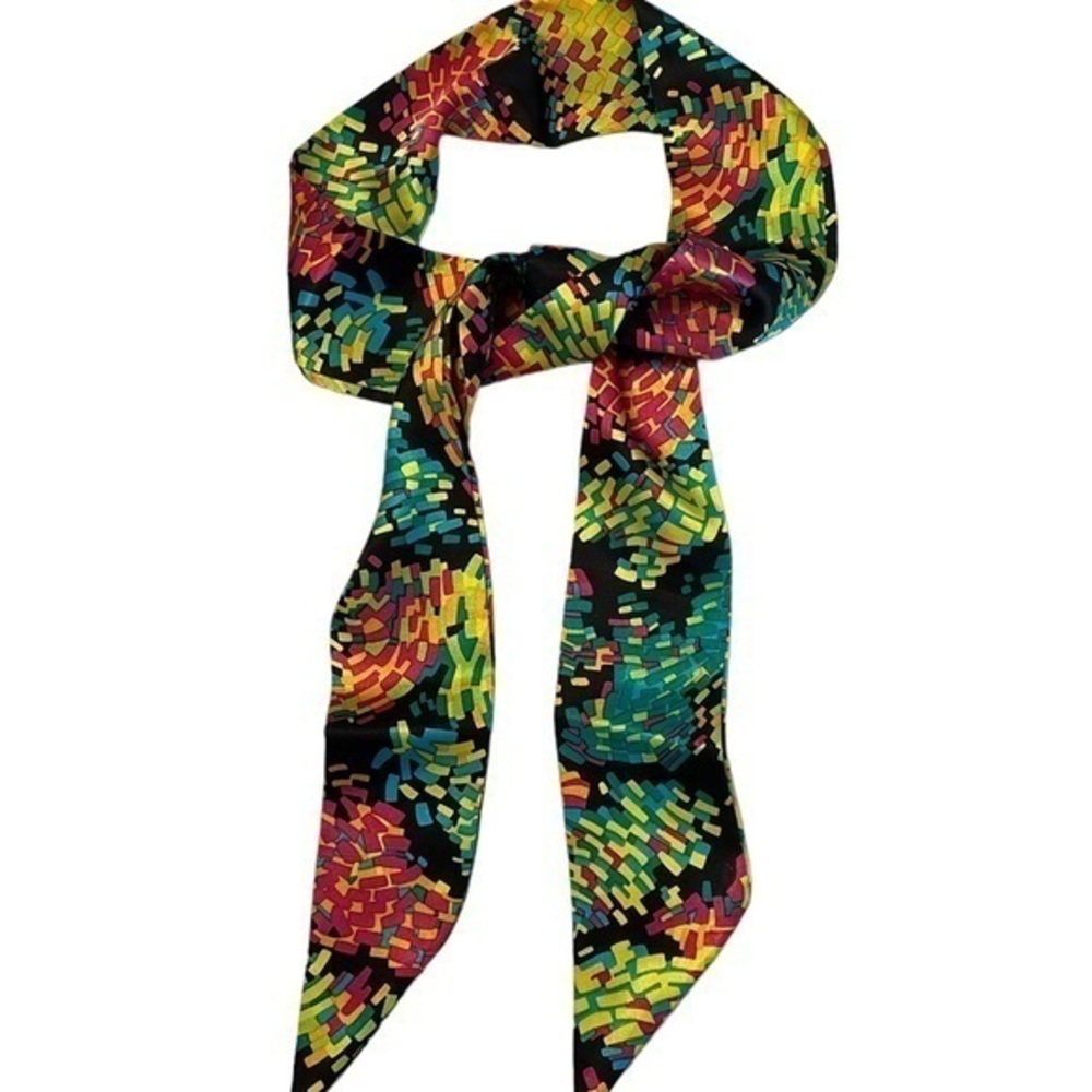 CEJON Bright Colorful Digital Print Long Skinny Scarf Tie, black pink yellow